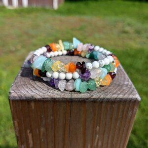 Rainbow Gemstone Layer Memory Wire Bracelet